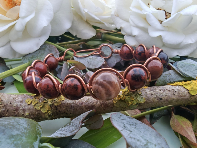 Bracelet antique obsidienne acajou et pierre de lune