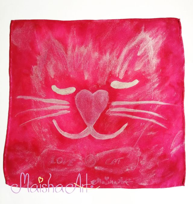 Unikaten, Ročno poslikan Svilen Robček, Srebrna Mačka 