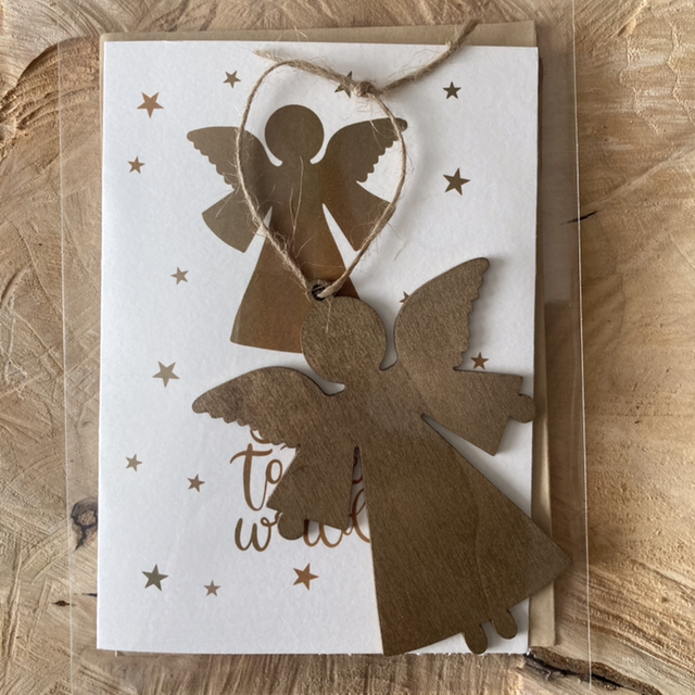 Engel Kerstkaart Goudkleurig met Houten Kerst Engel | gevouwen kaart | met envelop | Christelijke Kerstkaart | handgemaakt