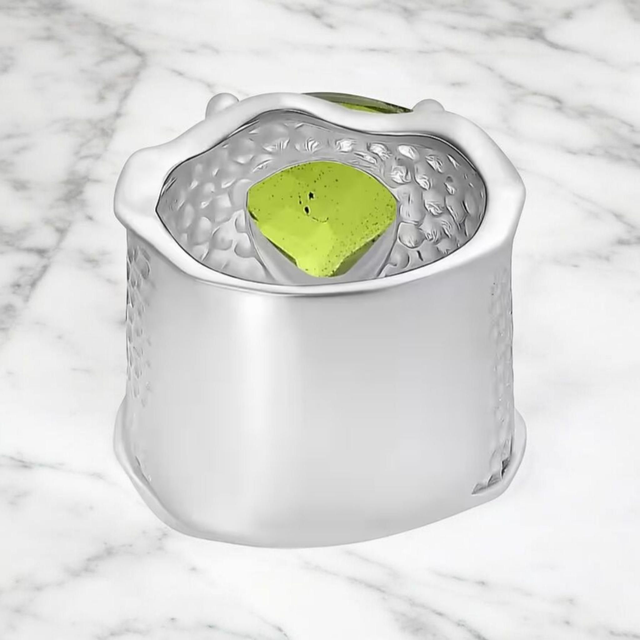 Stunning Chartreuse Quartz Solitaire Ring in Platinum Overlay.