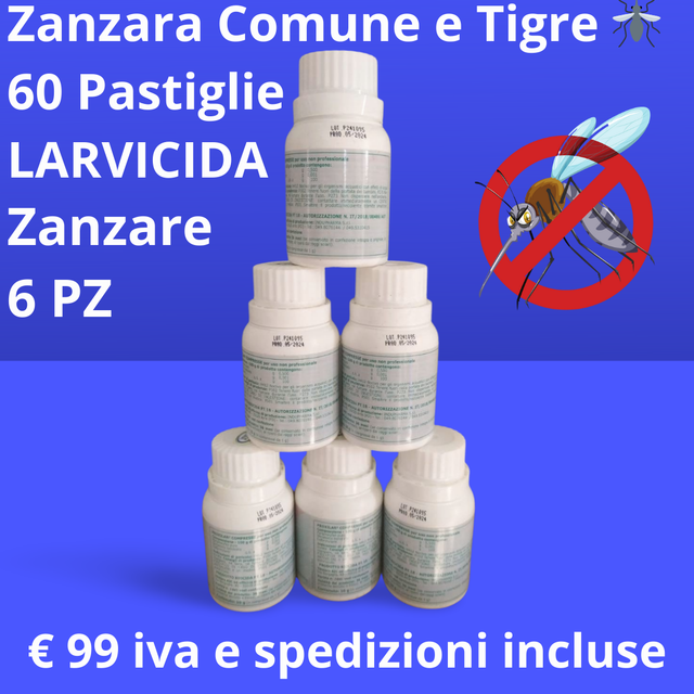 Larvicida Disinfestazione Zanzare Comune e Tigre 60 Pastiglie 6 Confezioni
