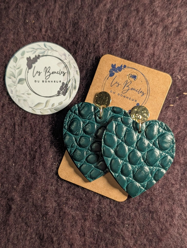 Boucles d'oreilles coeur ❤️ vert croco c007