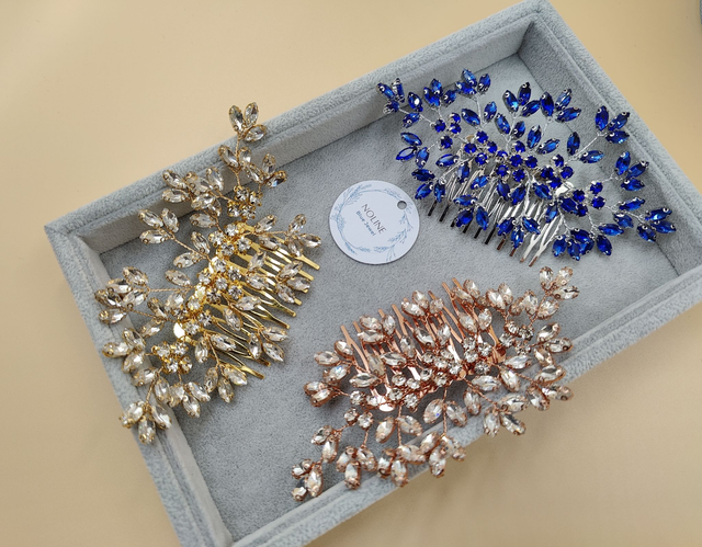 Bijoux de cheveux strass cristaux bleu royale, argent or ou rose or, peigne de cheveux