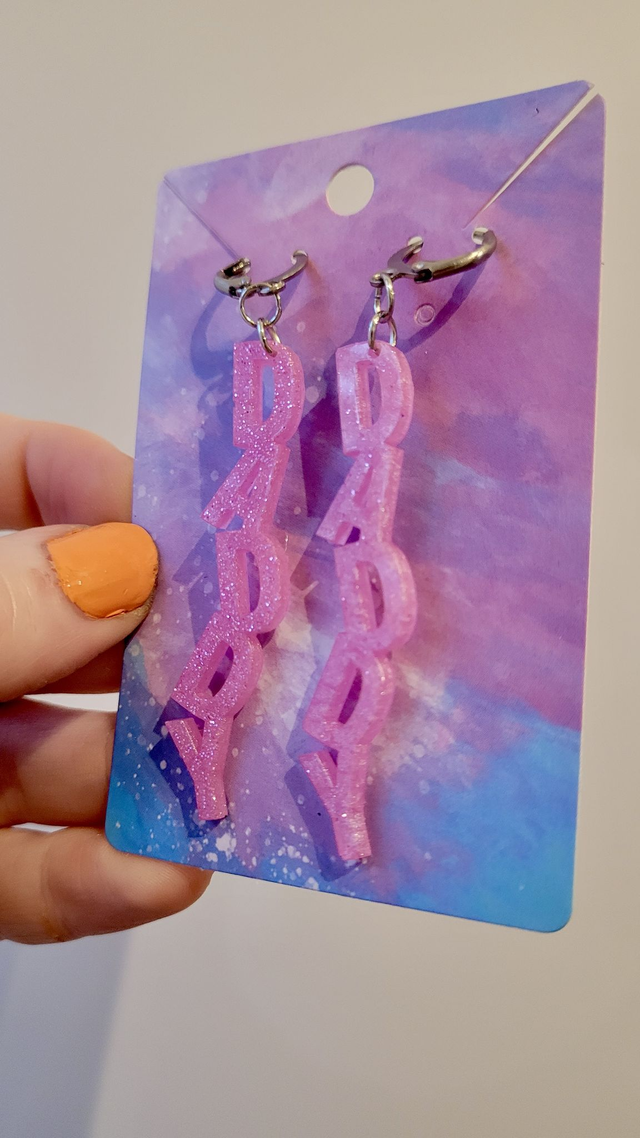 Earrings | DADDY - Light Pink Glitter | Stainless Steel Lever back Hoops