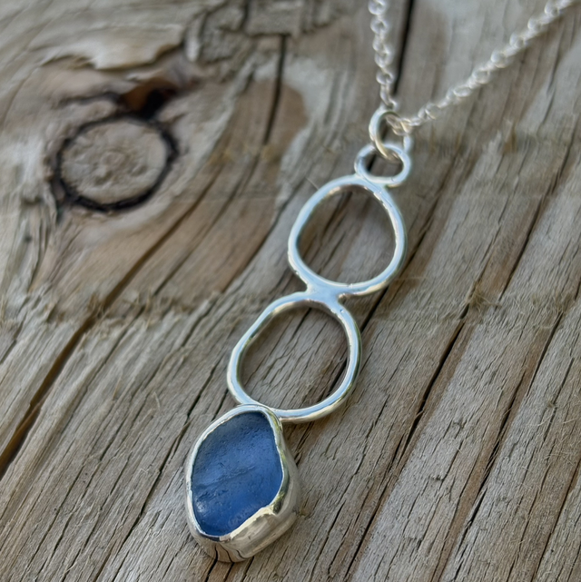 Blue Seaglass & Recycled Silver Pendant