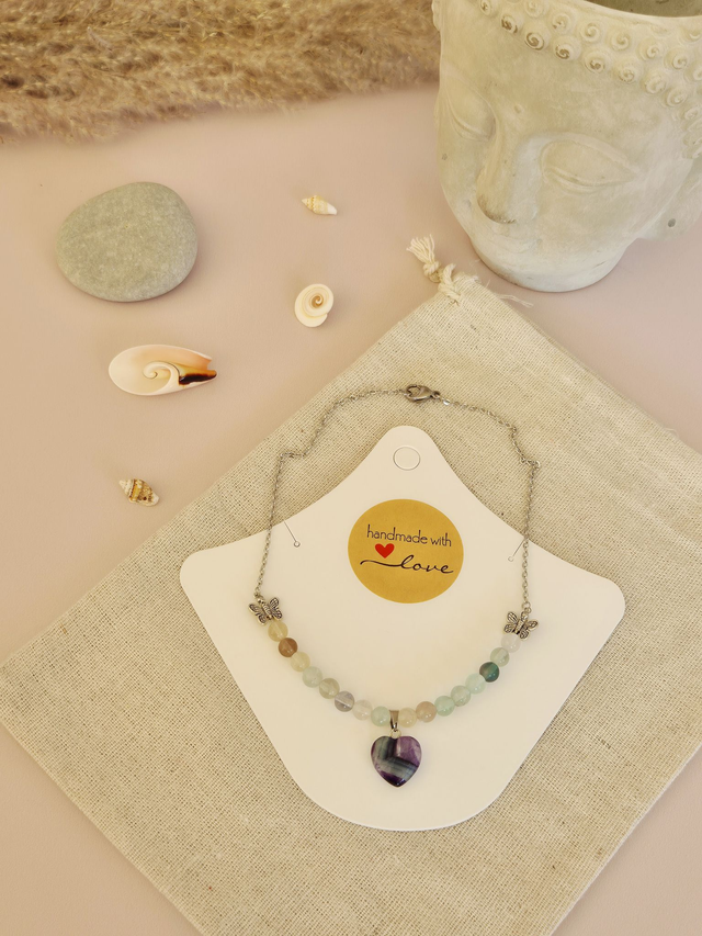 Collier SEYCHELLES – Fluorite multicolore naturelle &amp; Cœur
