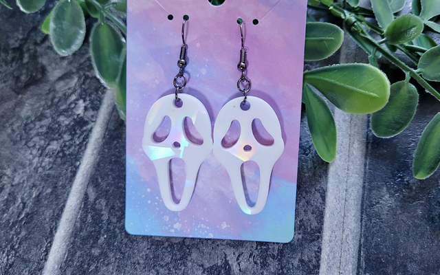 Earrings | Ghostface - Scream - White Holographic Earrings | Stainless Steel Hooks - Gunmetal Black