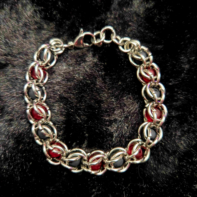 [OOAK] Stainless Steel Captured Bead Red + Black Bracelet