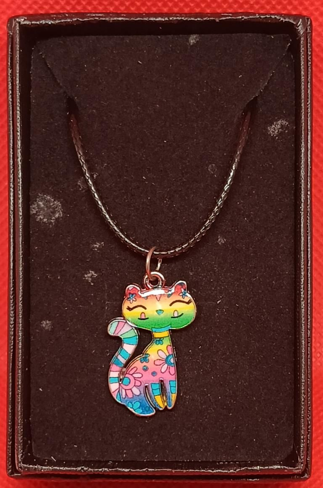 Enamel Rainbow Cat Pendant Necklace.