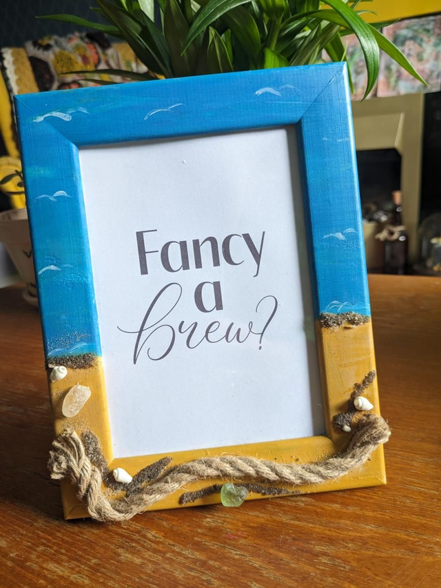 Hand painted beach frame with fancy a brew print 