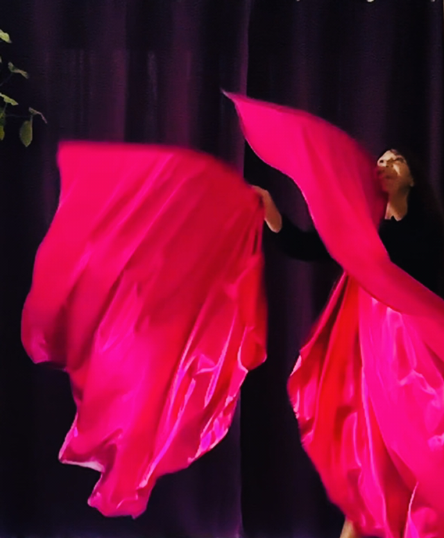 Bannières Métallisées Rose vif 140x140cm les 2 bords arrondis + tiges souples 