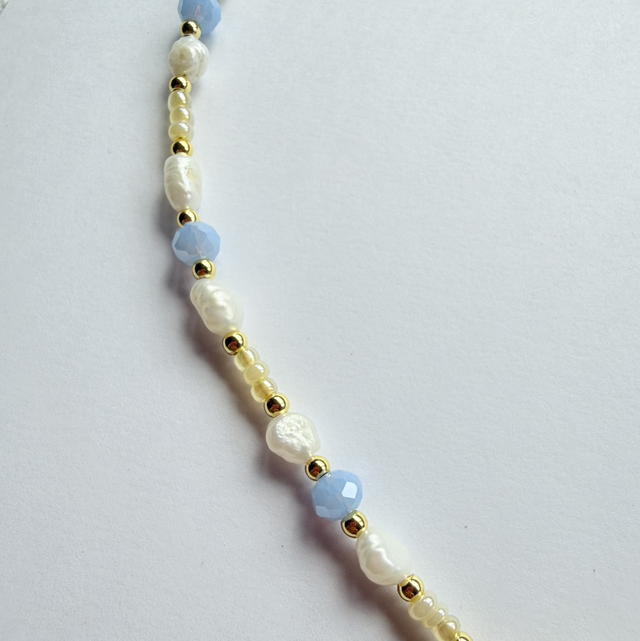 ARABELLA - Powder Blue, Butter Yellow & Pearl Beaded Toggle Necklace