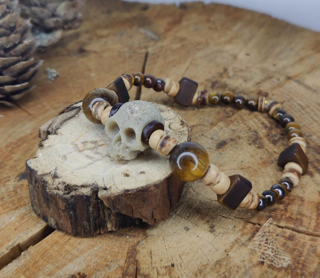 Bracelet homme Tête de mort Vintage, Pierres naturelles et Bois