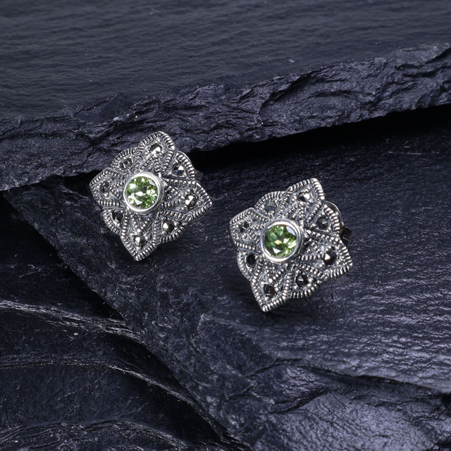 Vintage Sterling Silver 925 Art Deco Style Small Round Cut Green Peridot Marcasite Gemstone August Birthstone Star Design Stud Earrings