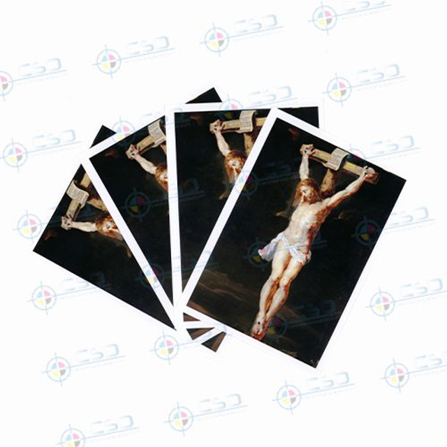 Santini mm. 105x148 pronti in otto giorni: stampa quadricromia fronte e retro, carta patinata opaca o lucida da 300 grammi (prezzo con IVA)