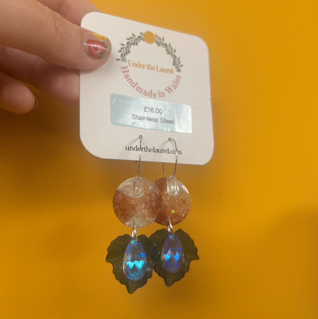 Leaf and Dew Drop Earrings - Dark Green