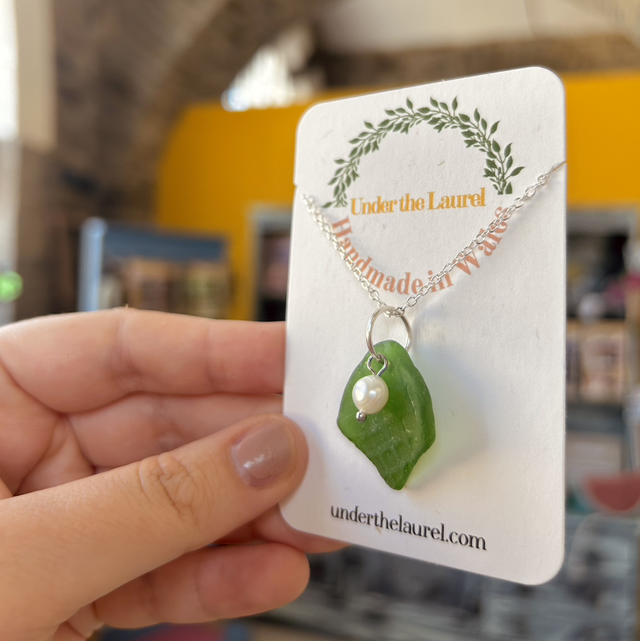 Green Sea Glass Necklace with Pearl and Silver Plated Chain