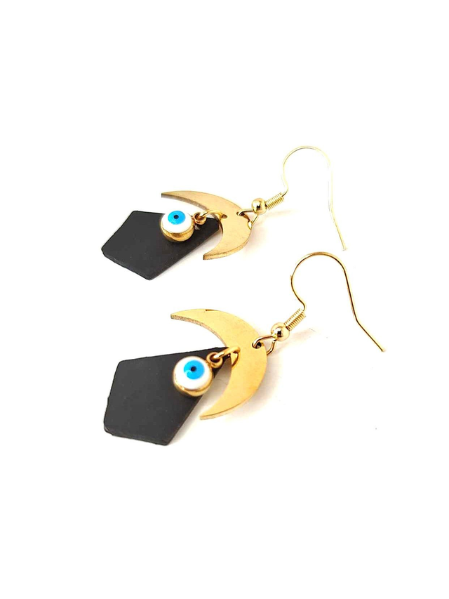 Boucles d'Oreilles Upcyclées en Chambre à Air et Acier Inoxydable Doré - Œil protecteur 