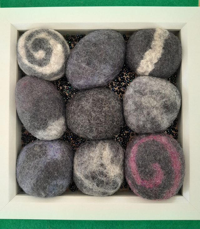 Framed felted wool pebbles