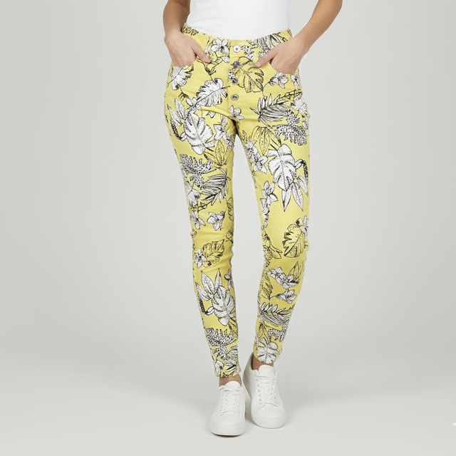 Jean Place du Jour Vintage - Coupe Slim Jaune à Motifs Fleurs Noires et Blanches