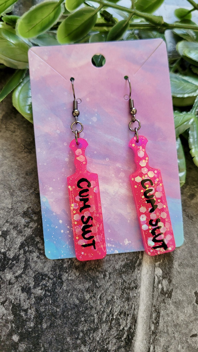 Earrings | CUM SLUT Bright Pink Glitter Paddle Earrings | Stainless Steel Gunmetal Black Hooks