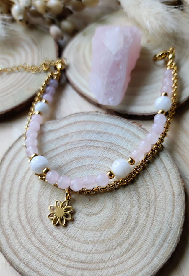 Bracelet double Quartz Rose Pierre de Lune 