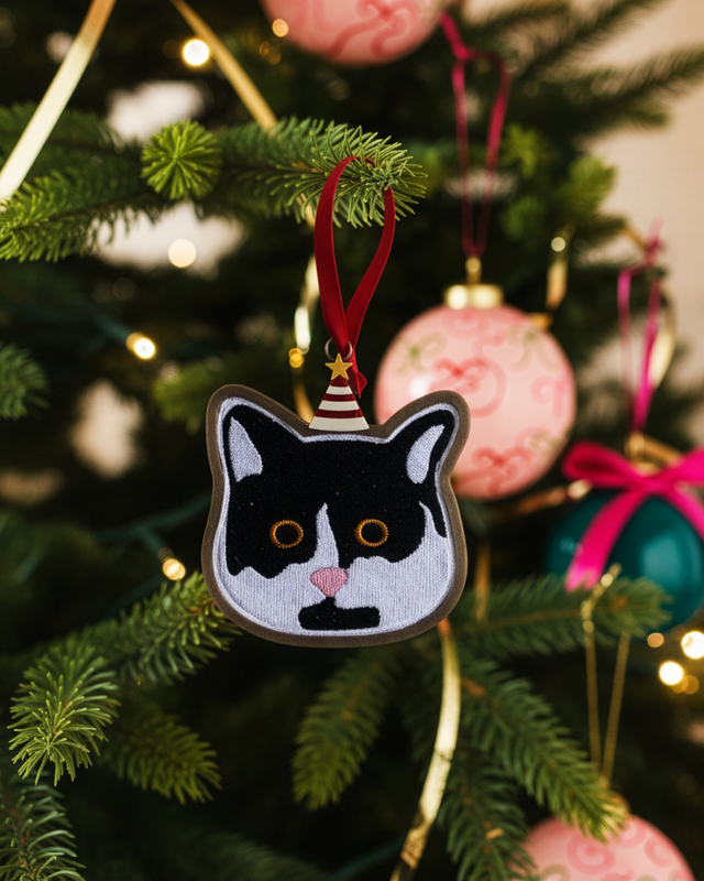 Tuxedo Cat Party Hat Embroidered Christmas Ornament