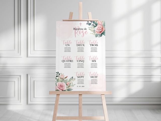 Plan de table Baptême Fleurs &amp; Blush rose