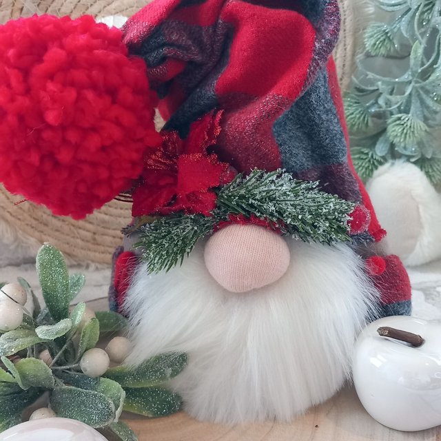 Tomte lutin de Noël à carreaux rouge et gris (38 à 20 cm)