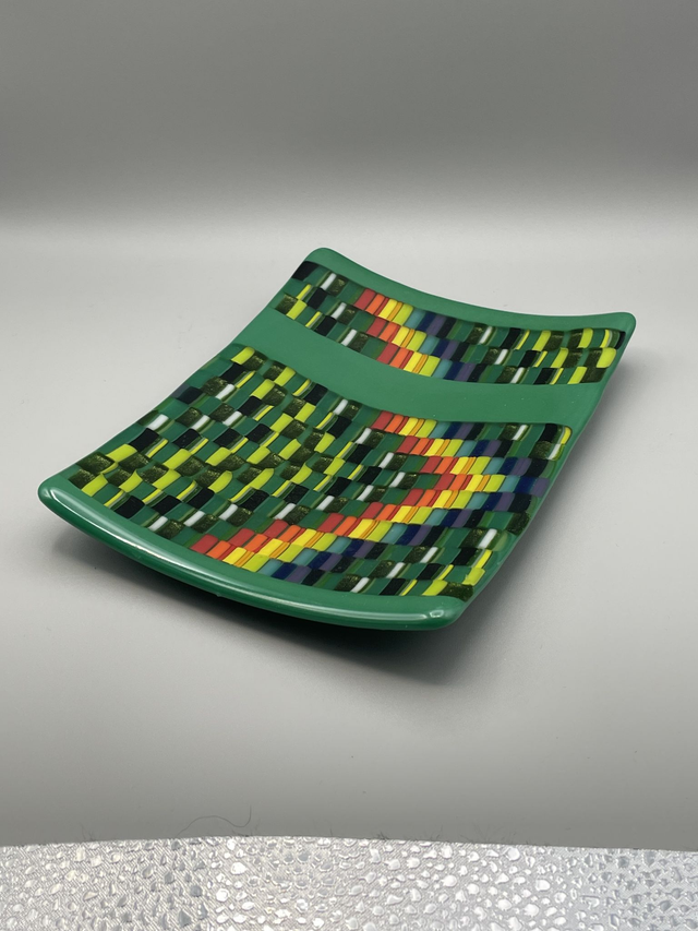 Green Dish with Multicoloured Barcode Design
