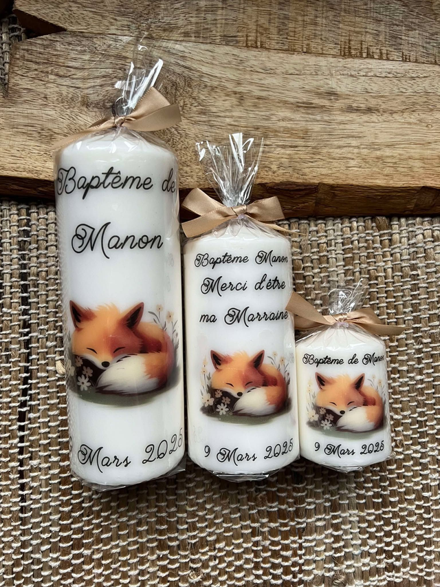 Bougie baptême, communion, naissance personnalisée Renard