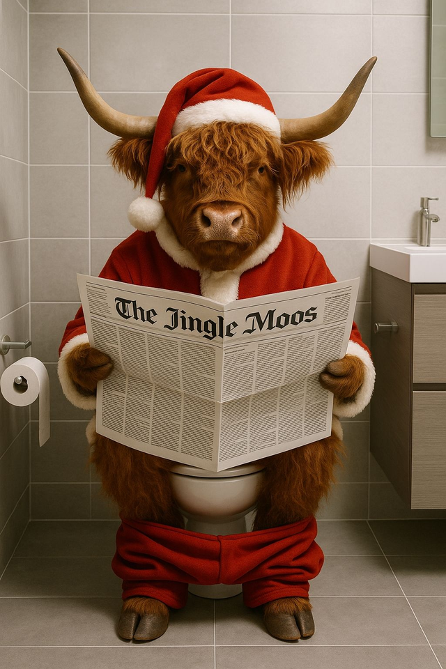 Christmas Highland Cow on the Toilet Framed Canvas