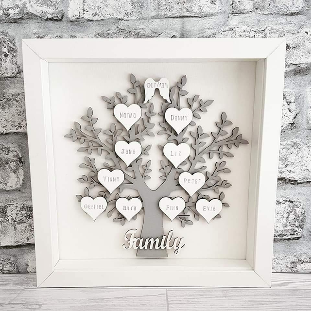 Family tree grey with white background and white hearts 