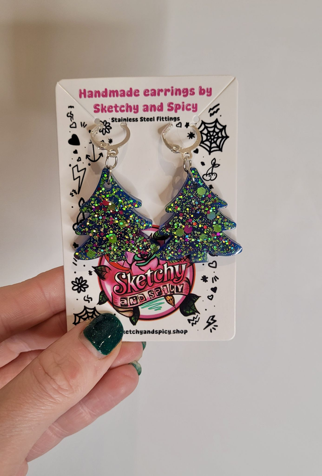 Earrings- Christmas Tree Earrings – Green Glitter Xmas Dangle Jewellery | Stainless Steel Hoops