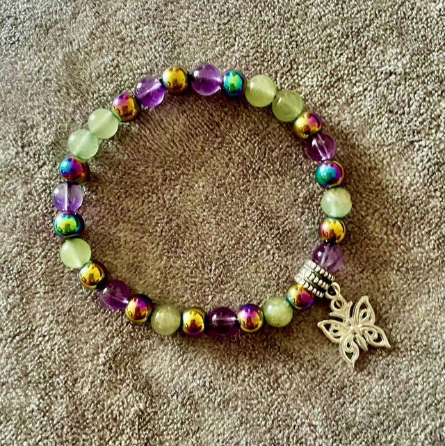 Amethyst, Rainbow Hematite, Green Aventurine bracelet 6.5” small with butterfly charm 