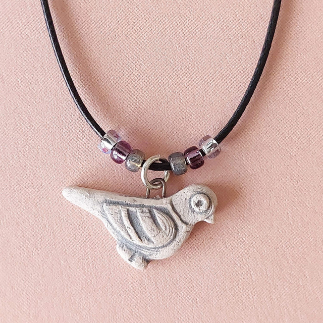 Small ceramic pigeon charm - glass and ceramic necklace - rustic pigeon