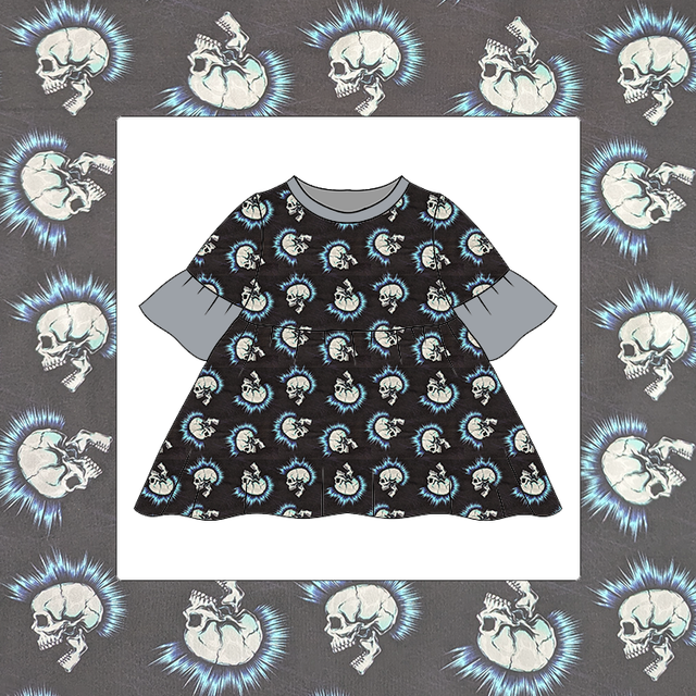 Blue Skull Bell Sleeve Dress