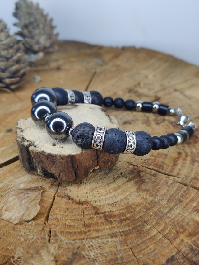 Bracelet homme en pierres de lave naturelles et hématites 