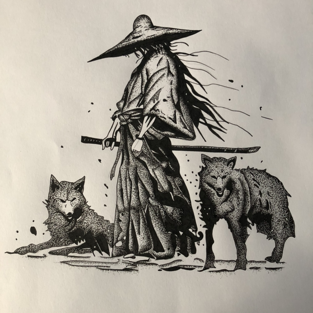 Guerrier samouraï aux loups - 44 x 54 cm - encadrement noir 