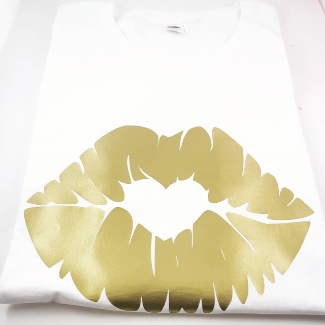 Ladies White T-Shirt with Gold Lips