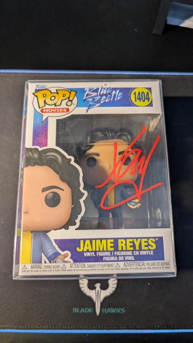 Funko Pop DC Blue Beetle Jaime Reyes 1404 Signed by Xolo Mariduena with SWAU Authentication 