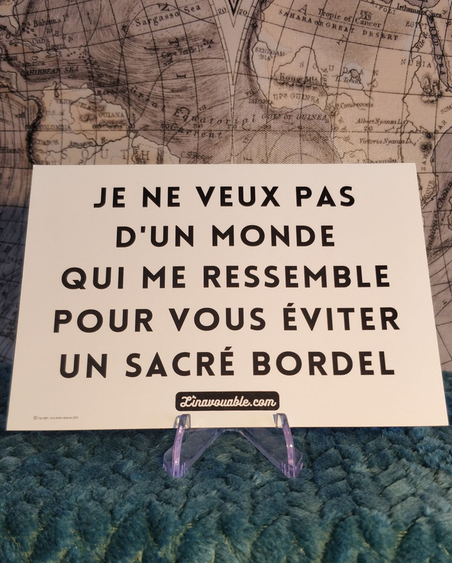 CARTE  "JE NE VEUX PAS D'UN MONDE QUI ME RESSEMBLE POUR VOUS EVITER UN SACRE BORDEL"