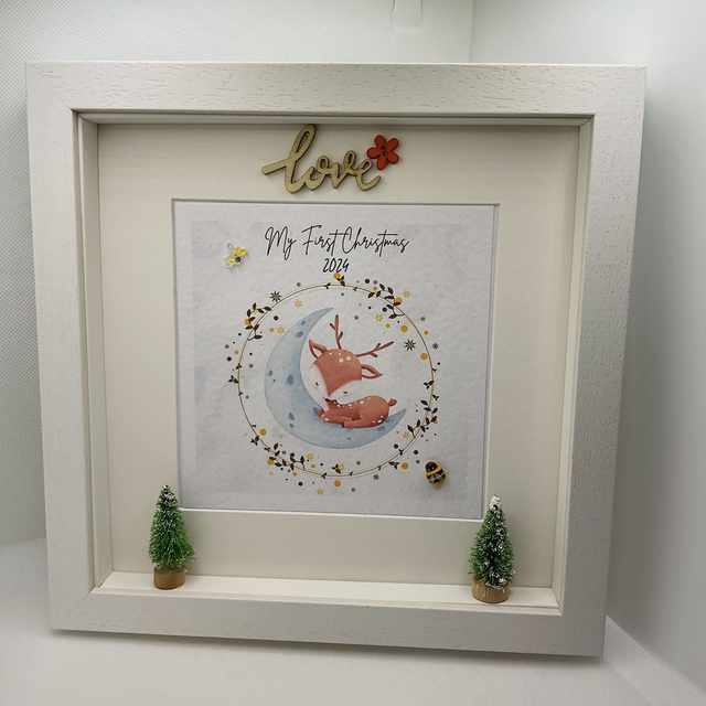 Personalised First Christmas frame and album set. Reindeer design.