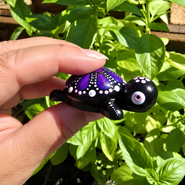 Petite tortue décorative – Mandala violet iridescent et rose - peint à la main