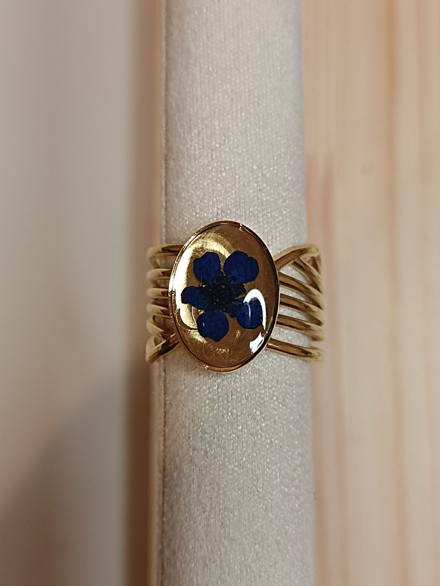 Bague Large Multirangs - Fleur Bleue - Or