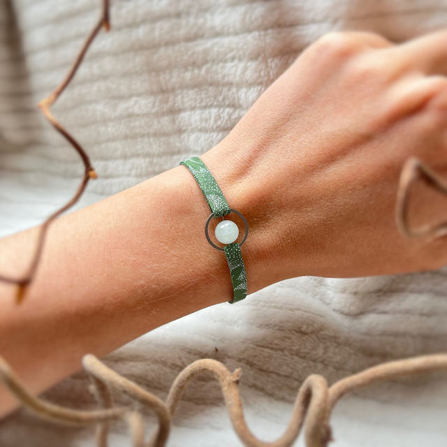 Bracelet Aura#1 - tissu vert, aventurine, acier inox