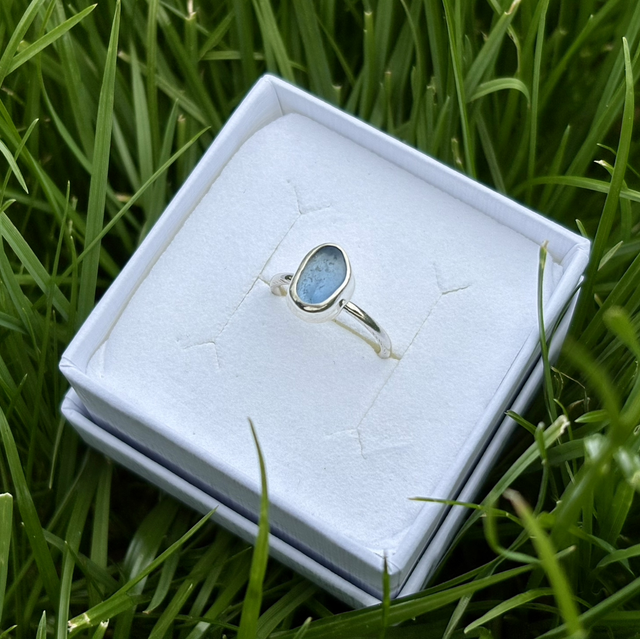 Pale Blue Seaglass & Recycled Silver Pinky Ring Size E