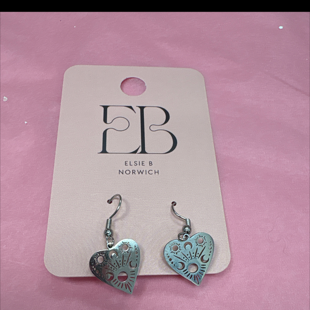Silver metal celestial heart earrings 