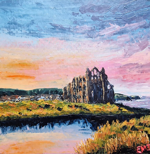 Original oil painting, print or card. Textured art. Sunset over Whitby Abbey, North Yorkshire Coast. Bright and bold colours. 