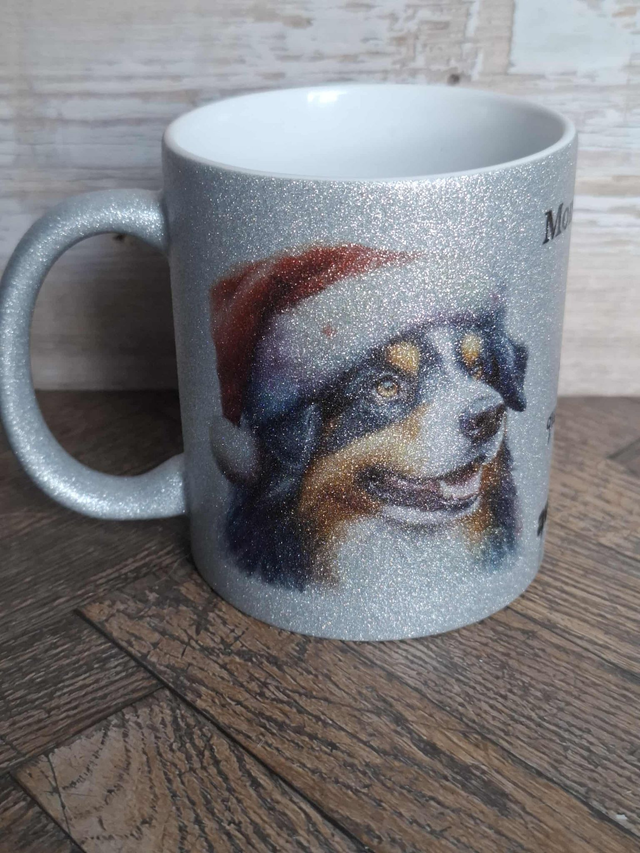 Mug à paillettes argenté berger australien de noel